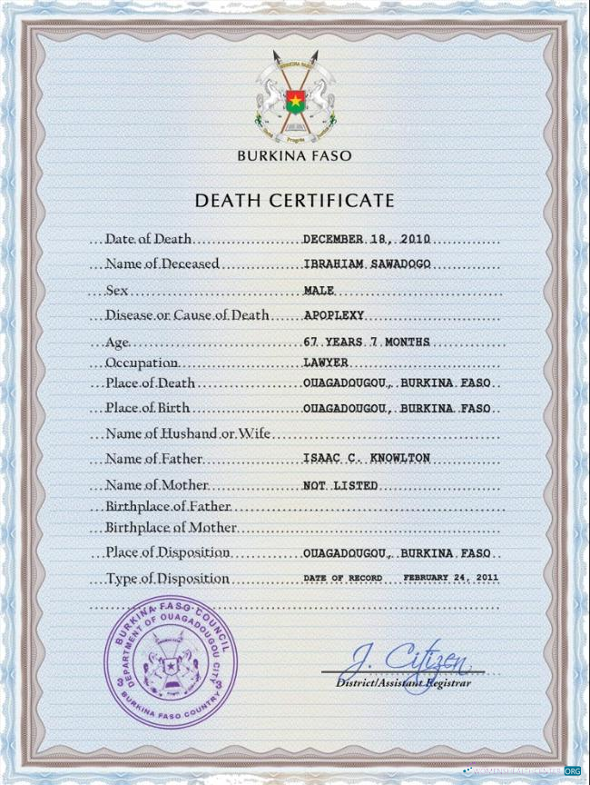 Download Burkina Faso vital record death certificate PSD template Photoshop template